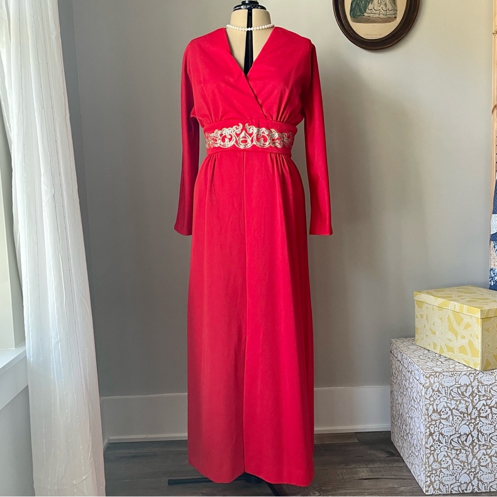 Vintage 1960s mod red maxi dress with glitter waist